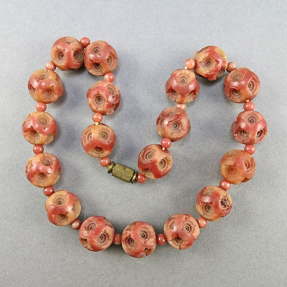 Vintage Beaded Necklace With Carved Celluloid Bea… - image 2