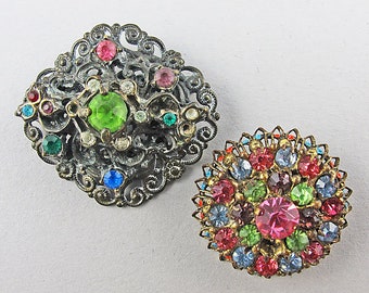 Vintage Pin Two Rhinestone Brooches Filigree Brooch 1930s Pins Antiques Collectibles Pair of Brooches