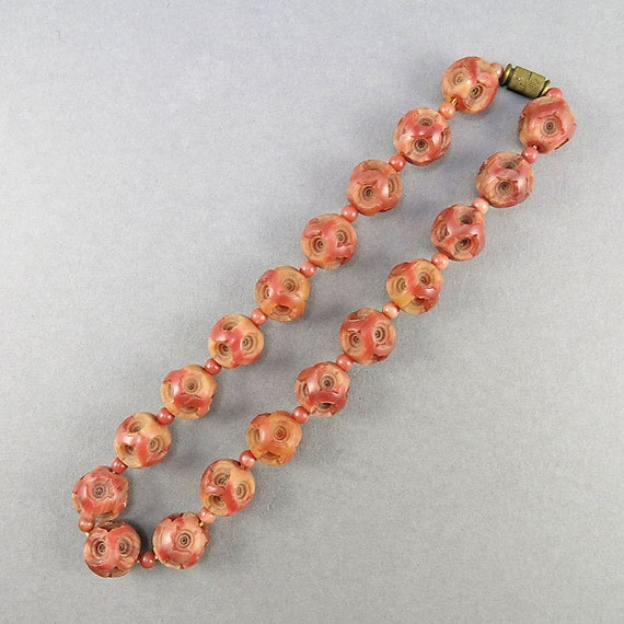 Vintage Beaded Necklace With Carved Celluloid Bea… - image 3