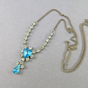 Vintage Chain Necklace With Rhinestones and Faceted Blue Glass Drop Pendant Necklace Vintage Jewellery