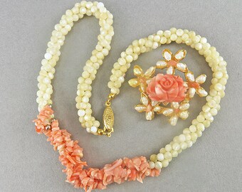 Vintage Choker Necklace And Brooch Mother Of Pearl Beads And Coral Beads Vintage Jewelry Set