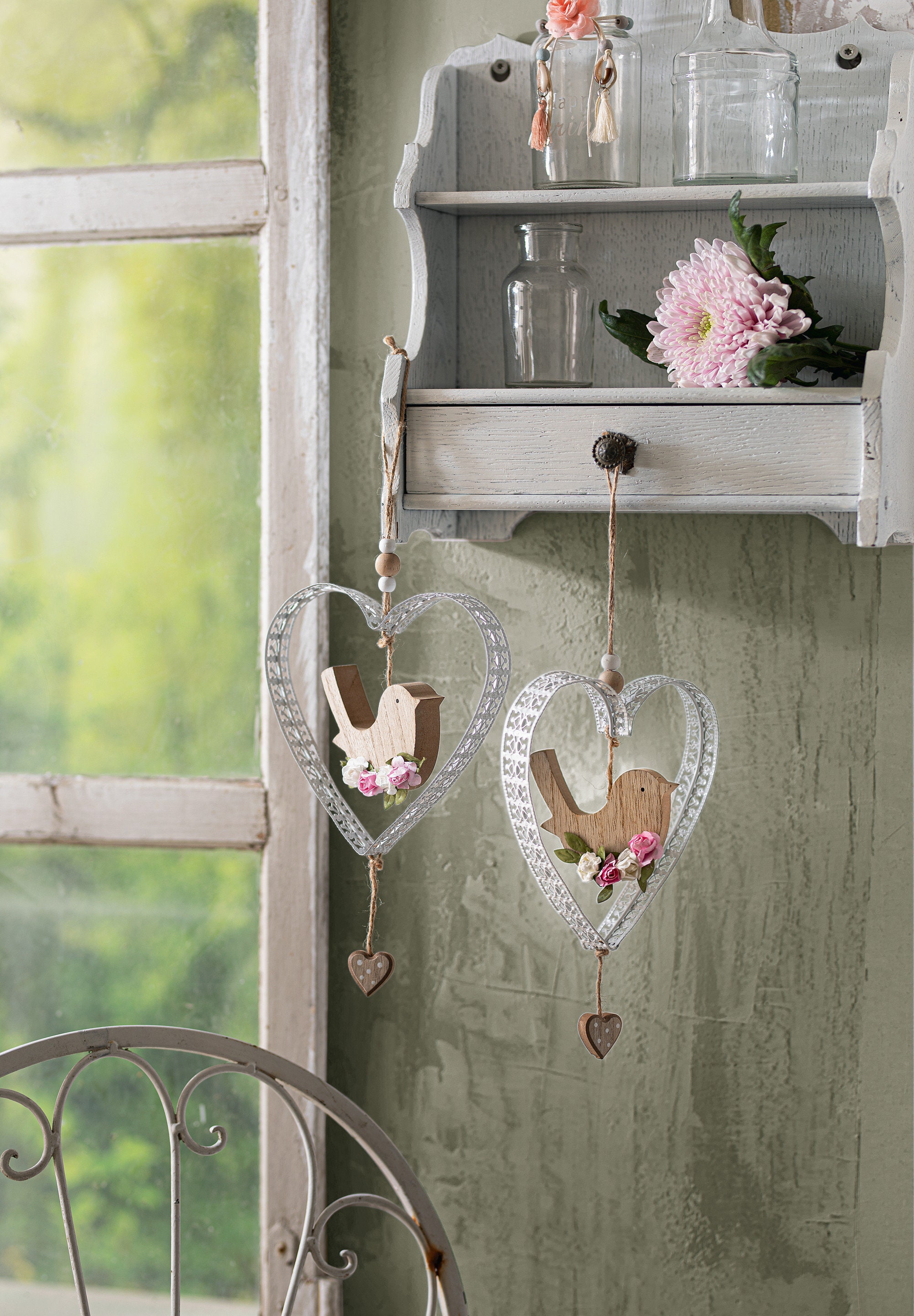 Lot de 2 Coeurs avec Oiseaux à Suspendre