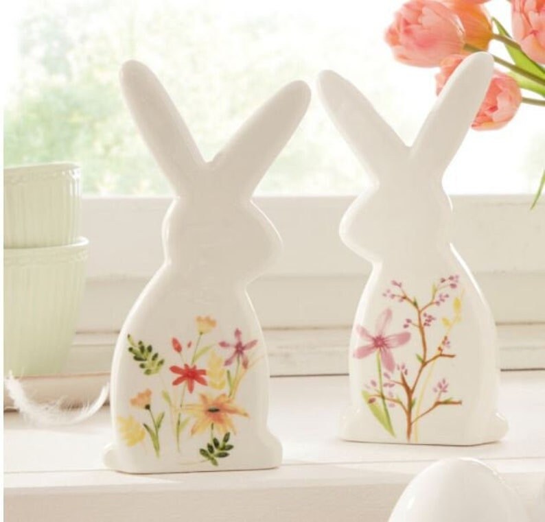 Lot de 2 Lapins Du Printemps en Porcelaine