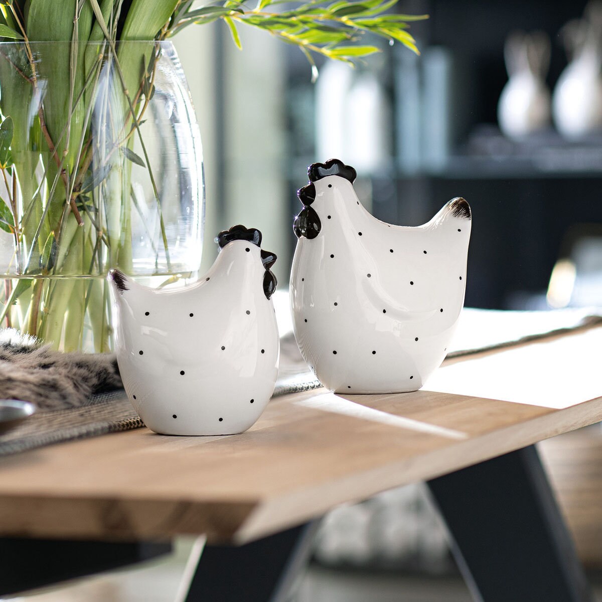 Lot de 2 Poules en Céramique Blanche à Pois