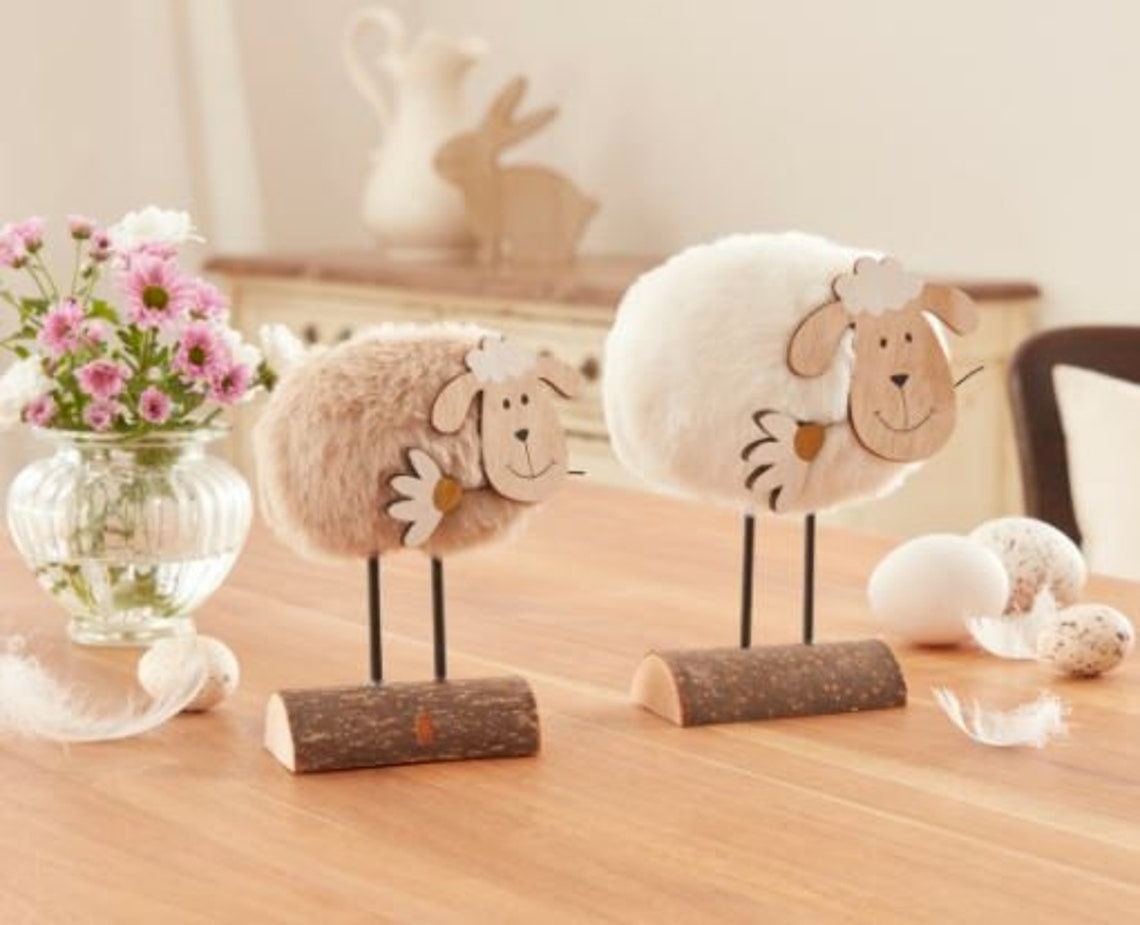Lot de 2 Moutons sur Socle Bois
