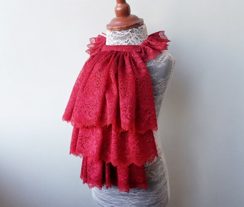 Pirate Cosplay Dark Red Lace Jabot, Vampire Cosplay Steampunk Wedding Costume Ruffled Collar image 5