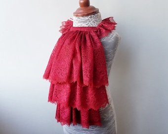 Pirate Cosplay Dark Red Lace Jabot, Vampire Cosplay, Steampunk Wedding Costume, Ruffled Collar