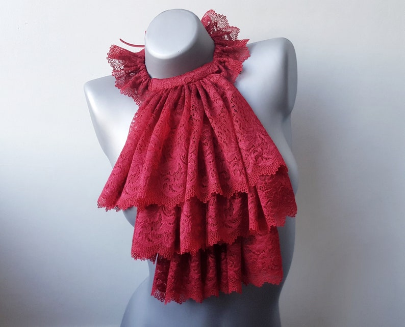 Pirate Cosplay Dark Red Lace Jabot, Vampire Cosplay Steampunk Wedding Costume Ruffled Collar image 7