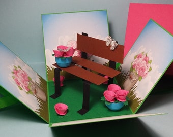 Handmade Exploding Box: Paper Bench & Roses - Birthday, Mother's Day