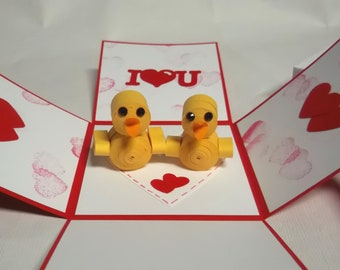 Exploding Box Greeting Card For Valentine's Day, Love, Anniversary With Quilled Ducks