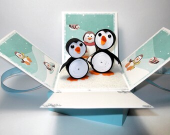 Penguins Christmas Explosion Box: Handmade Paper Greeting Card