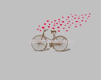 Vintage Bicycle Digital Paper With Red Hearts Instant Download For Valentines, Love, Wedding
