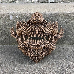 Ornate Oni Half Mask  -  Hand Painted 3D Printed Desk Display Mask Sculpture