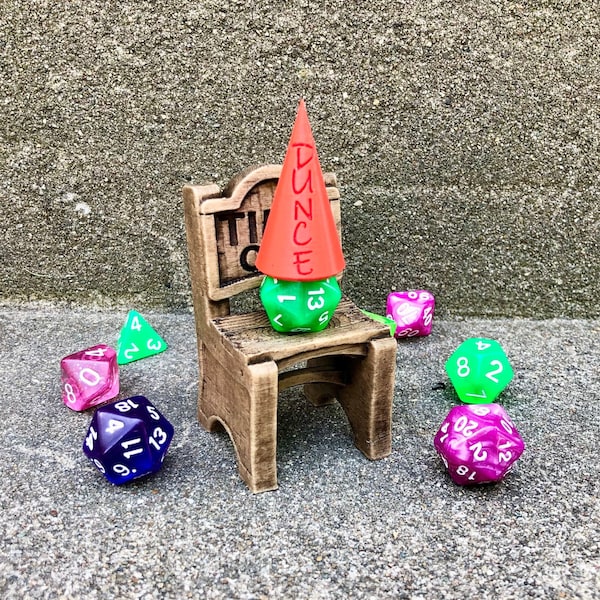 Chair of Shame Timeout Dice Jail and Dunce Cap from Fate's End Dice Towers by Kimbolt Creations