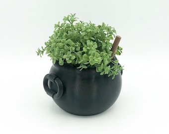 3D Printed Black Cauldron Witch’s Brew Succulent Planter Vase with Spoon