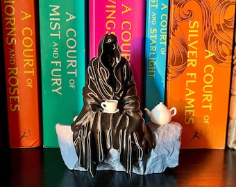 Spill the Tea Bookshelf Decor - Seated Hooded Ghost Figurine with Tea Cup and Tea Pot - Suriel and ACOTAR Inspired 3D Printed Bookish Decor