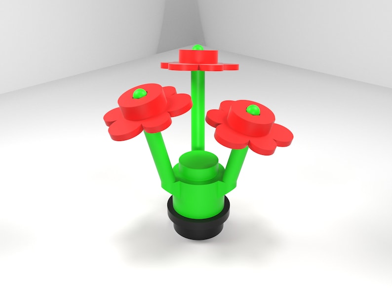 May include: A three-dimensional flower sculpture with three red flowers and green stems. The flowers have a green center and are arranged around a green base.