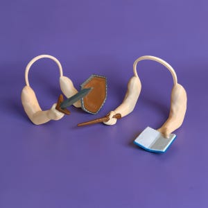 May include: A whimsical, surreal composition featuring three stylized arms. One arm holds a sword and shield, another a wand, and the third a book. The arms are a flesh tone, set against a solid purple background.