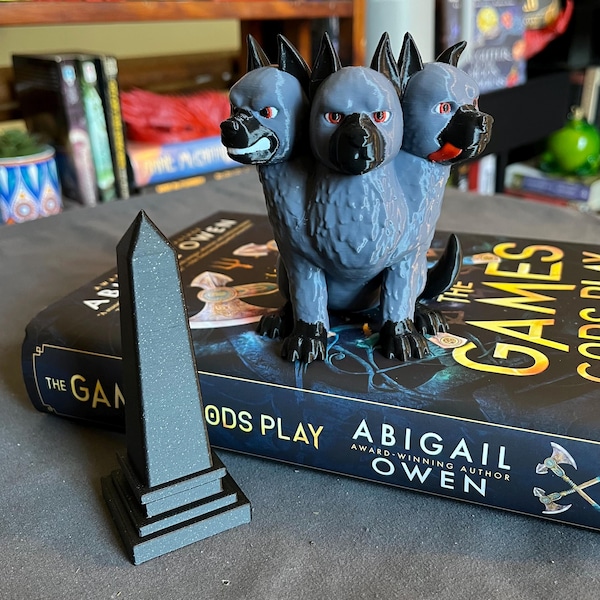 Cerberus and Obsidian Obelisk Bookshelf Decor - Cute Greek Mythology Underworld Three-Headed Guard Dog - 3D Printed Decor