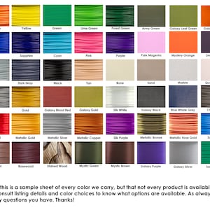 May include: A color chart showing a variety of cord colors, including red, orange, yellow, green, blue, purple, brown, gray, black, white, and many more. The chart is labeled with the name of each color.