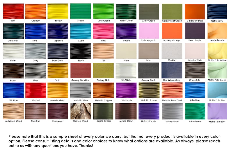 May include: A color chart showing a variety of cord colors, including red, orange, yellow, green, blue, purple, brown, gray, black, white, and many more. The chart is labeled with the name of each color.