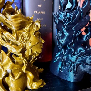 May include: Two decorative busts, one gold and one dark blue, each showing a profile with flowing, flame-like hair. The busts are set against a backdrop of books, creating a striking contrast of colours and textures.