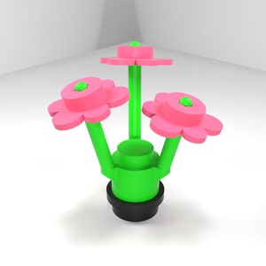 May include: A three-dimensional flower sculpture with three pink flowers and green stems. The flowers have a green center and are attached to a green base with a black pot.