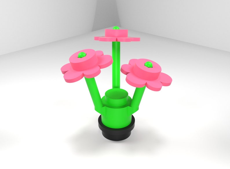 May include: A three-dimensional flower sculpture with three pink flowers and green stems. The flowers have a green center and are attached to a green base with a black pot.