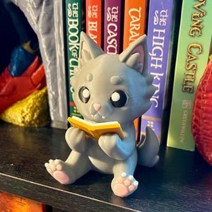 May include: A grey cat ornament reading a yellow book, with pink details on the paws and nose. The cat is positioned in front of a bookshelf with colourful book spines. The figurine has large, expressive eyes.