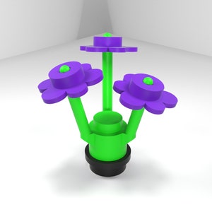 May include: A green and purple flower sculpture with three flowers and a round base. The flowers have five petals and a round center.