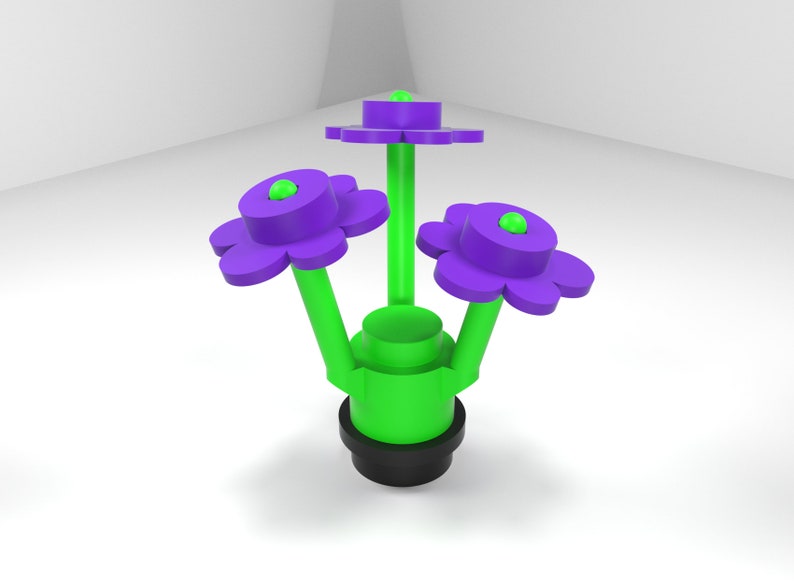 May include: A green and purple flower sculpture with three flowers and a round base. The flowers have five petals and a round center.