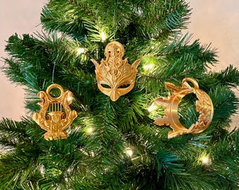 Golden Fae Trove Christmas Ornament Set - Golden Harp, Mask, and Crown - Dread Trove ACOTAR Inspired 3D Printed Bookish Christmas Decor