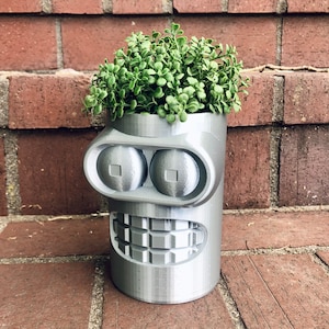 Geeky 3D Printed Bender Planter Desk Organizer Inspired by Futurama in Metallic Silver