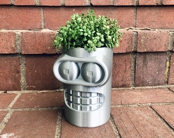 Geeky 3D Printed Bender Planter Desk Organizer Inspired by Futurama in Metallic Silver