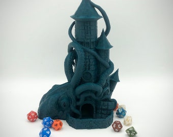 May include: A dark blue 3D printed tower with an octopus wrapped around it. The tower has a small door and windows. There are several dice scattered around the base of the tower.
