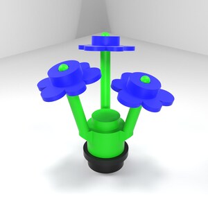 May include: A green and blue abstract flower sculpture with three flowers and a round base.
