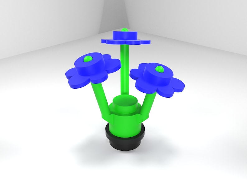 May include: A green and blue abstract flower sculpture with three flowers and a round base.
