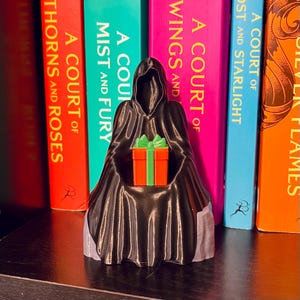 Op de afbeelding: Een zwart silhouet van een figuur met een capuchon die een kleine oranje geschenkdoos met groen lint vasthoudt. De figuur staat voor een rij kleurrijke boeken.