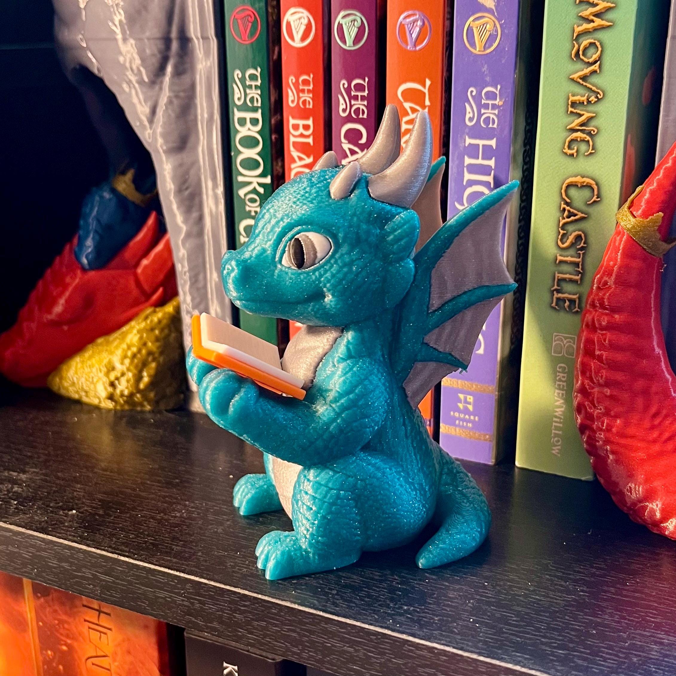 Chibi Reading Dragon Bookshelf Decor - Cute Magical Dragon Figure