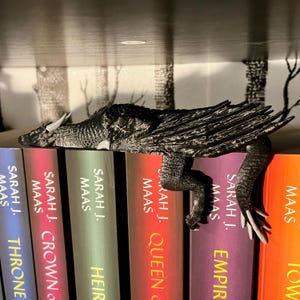 May include: A black dragon bookend resting on a bookshelf with a row of books by Sarah J. Maas. The books are titled "Throne of Glass", "Crown of Midnight", "Heir of Fire", "Queen of Shadows", "Empire of Storms", and "Tower of Dawn".