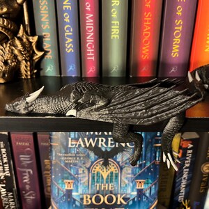 May include: A black dragon bookend with white claws, perched on a bookshelf with a row of fantasy novels. The dragon is resting its head on the shelf, with its wings spread out.
