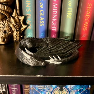 May include: A black dragon figurine with white claws, curled up and sleeping on a black shelf. The dragon is in front of a bookshelf with several books with titles like "A Song of Ice and Fire" and "A Game of Thrones".