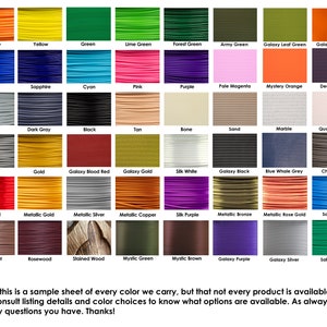 May include: A colour chart displaying a range of cord colours, including red, orange, yellow, green, blue, purple, brown, grey, black, white, and many more. The chart is labelled with the name of each colour.