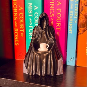 Op de afbeelding: Een zwart beeldje van een figuur met een capuchon, met een witte kop en schotel. Het beeldje staat voor een rij kleurrijke boeken. De boeken hebben titels als "A Court of Wings and Ruin" en "A Court of Mist and Fury".