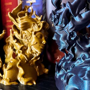 May include: Two detailed busts, one gold and one dark blue, face each other. The busts feature flowing, flame-like hair and classical facial features. The gold bust is on the left, and the dark blue bust is on the right.