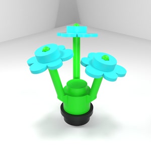 May include: A green and blue flower sculpture with three flowers and a round base. The flowers have a light blue color and a green center. The base is green and has a black pot.