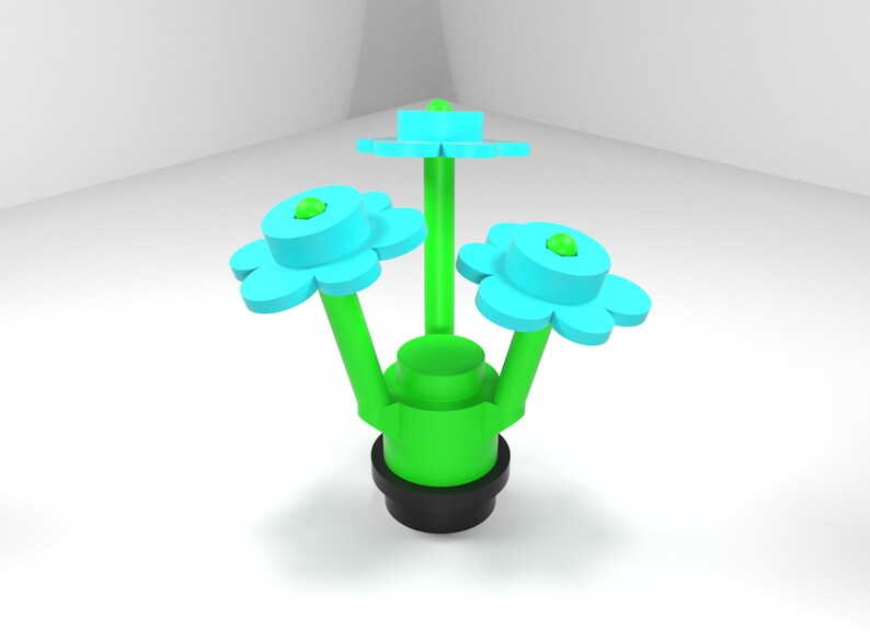 May include: A green and blue flower sculpture with three flowers and a round base. The flowers have a light blue color and a green center. The base is green and has a black pot.