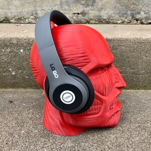 May include: Gray over-ear headphones with a black earcup featuring a white circle with the word "JOY" inside. The headphones are on a red mannequin head.