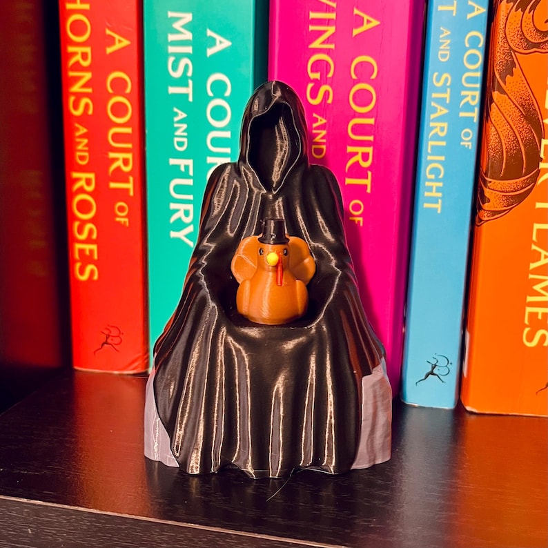 Op de afbeelding: Een zwarte gehood figuur die een oranje kalkoen met een zwarte hoed vasthoudt. Het beeldje staat tegen een achtergrond van kleurrijke boekruggen, waaronder titels als "A Court of Thorns and Roses".
