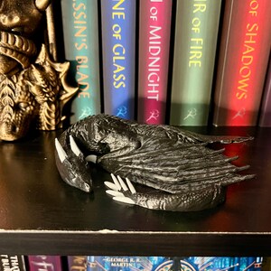 May include: A black dragon figurine curled up in a sleeping position. The dragon has white claws and a white underbelly. The figurine is on a shelf with a row of books behind it.